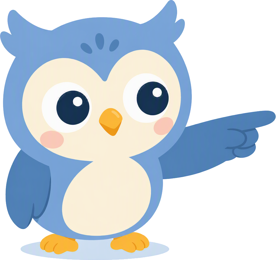 Un hibou qui montre du doigt, mascotte de Piloup
